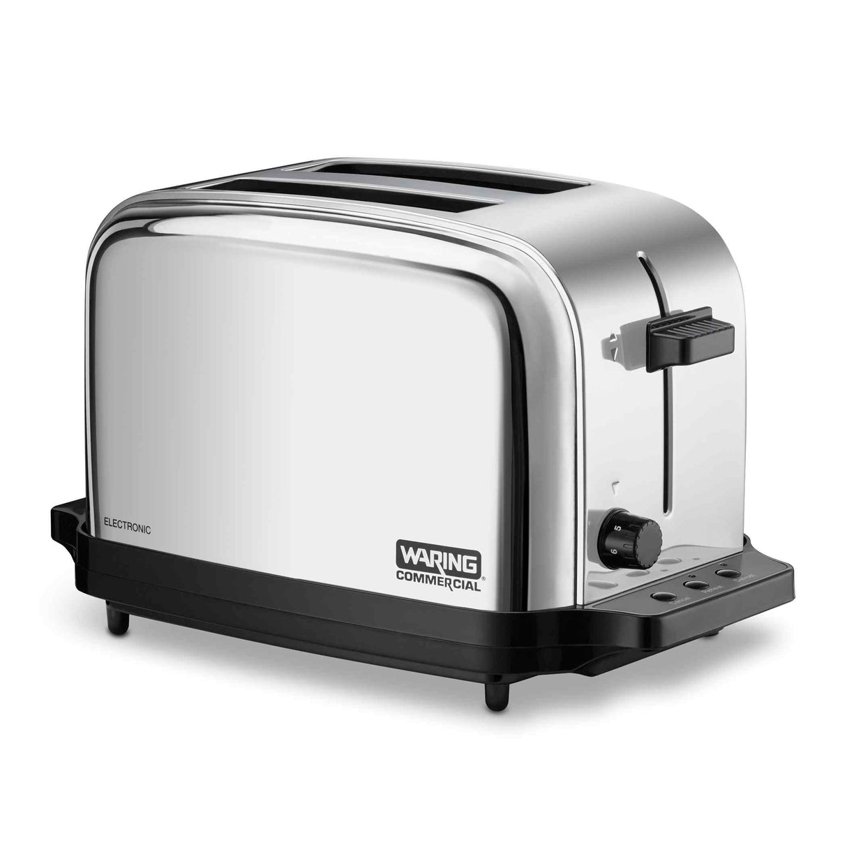 A shiny stainless steel commercial toaster with black accents features browning controls, a lever on the right side, electronic buttons, and the “Waring Commercial” logo on the lower front. The toaster is set against a white background.