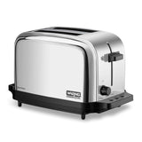 A shiny stainless steel commercial toaster with black accents features browning controls, a lever on the right side, electronic buttons, and the “Waring Commercial” logo on the lower front. The toaster is set against a white background.