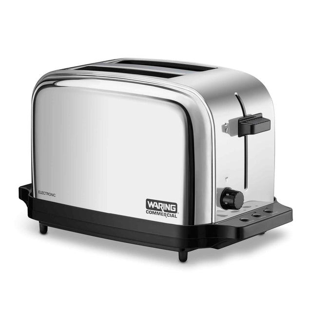 A shiny stainless steel commercial toaster with black accents features browning controls, a lever on the right side, electronic buttons, and the “Waring Commercial” logo on the lower front. The toaster is set against a white background.
