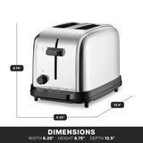 A stainless steel two-slice toaster with a black base is shown. The image displays dimensions: width 8.25 inches, height 8.75 inches, and depth 13.5 inches. The toaster features browning controls, a numbered dial, buttons, and a lever on its front side.