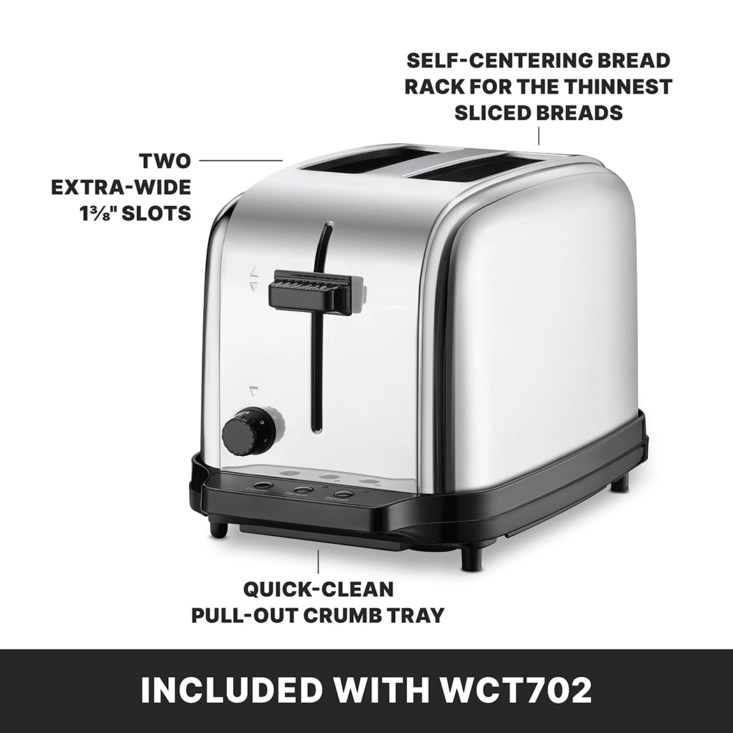 A stainless steel commercial toaster with two extra-wide slots, self-centering bread rack, black lever with extra-high lift, and three browning controls. Text highlights its quick-clean pull-out crumb tray. “Included with WCT702” is displayed at the bottom.