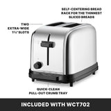 A stainless steel commercial toaster with two extra-wide slots, self-centering bread rack, black lever with extra-high lift, and three browning controls. Text highlights its quick-clean pull-out crumb tray. “Included with WCT702” is displayed at the bottom.