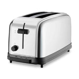 A shiny, stainless steel two-slot toaster with a black base. It features extra long slots, a browning control knob, lever for lowering bread, and three toasting setting buttons. The modern design is minimalistic and set against a white background.