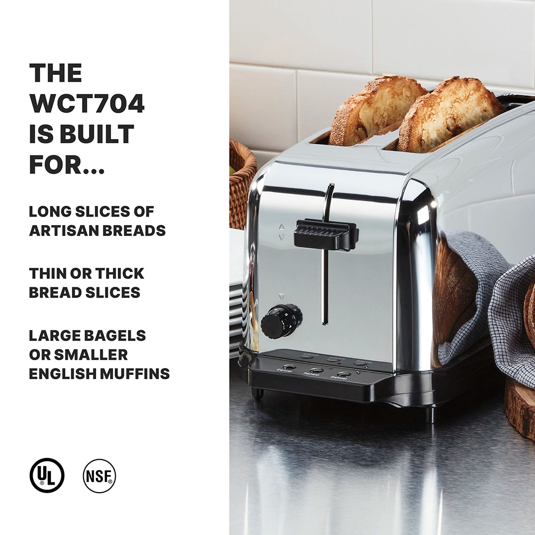 A shiny, silver commercial toaster on a kitchen counter toasts two thick slices of bread. Text reads: “The WCT704’s extra long slots fit artisan breads, thin or thick slices, bagels or English muffins.” UL and NSF logos are below.