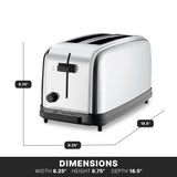 A stainless steel commercial toaster with black accents is shown on a white background. Labeled dimensions: width 8.25 in, height 8.75 in, depth 18.5 in. Features extra long slots and front control knob and buttons. DIMENSIONS text at the bottom.
