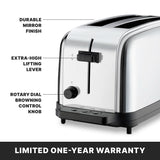 A shiny two-slot toaster with a durable mirror finish features an extra-high lifting lever, rotary dial browning control knob, and a limited one-year warranty. This stylish toaster offers commercial toaster quality with sleek black and chrome accents.