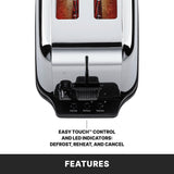 Overhead view of a chrome commercial toaster with extra long slots holding bread slices. Control panel shows a lever, knob, and three LED indicator buttons. Text below reads: “EASY TOUCH CONTROL AND LED INDICATORS: DEFROST, REHEAT, AND CANCEL.”.