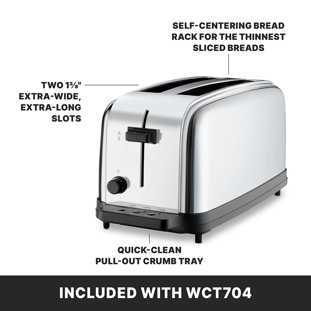 A silver commercial toaster with a black base, featuring extra-wide and extra long slots, a lever, a dial, a quick-clean pull-out crumb tray, and a self-centering bread rack. Text at the bottom reads, “INCLUDED WITH WCT704.”.