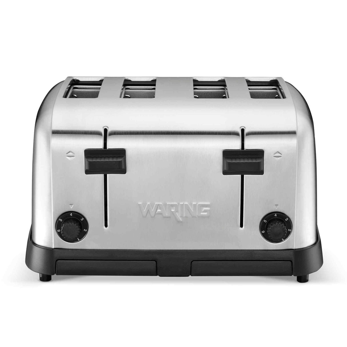 A stainless steel 4 slice toaster with a brushed metal finish, two black levers, two round dial controls, and the Waring name embossed on the front. This commercial toaster features extra wide slots and a sturdy black base.