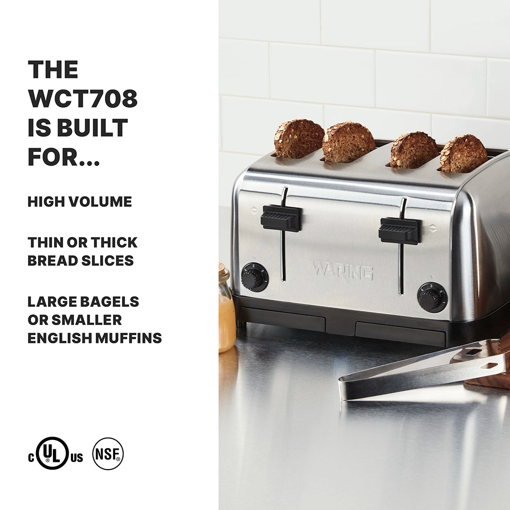 A stainless steel commercial toaster with 4 slice capacity and extra wide slots toasts dark bread on a countertop. Text beside it reads: THE WCT708 IS BUILT FOR... High volume, thin or thick bread slices, large bagels or smaller English muffins. Certification logos appear below.