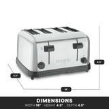 A silver 4 slice toaster with black dials and levers sits on a white background. Labeled lines show its dimensions: width 16 inches, height 4.5 inches, and depth 4.5 inches. The word “DIMENSIONS” is highlighted below the toaster.