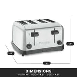 A stainless steel commercial toaster with extra wide slots, two control knobs, and four levers is shown. Its dimensions are labeled: 16 inches wide, 4.5 inches high, and 4.5 inches deep. The word Waring appears on the toaster's front.