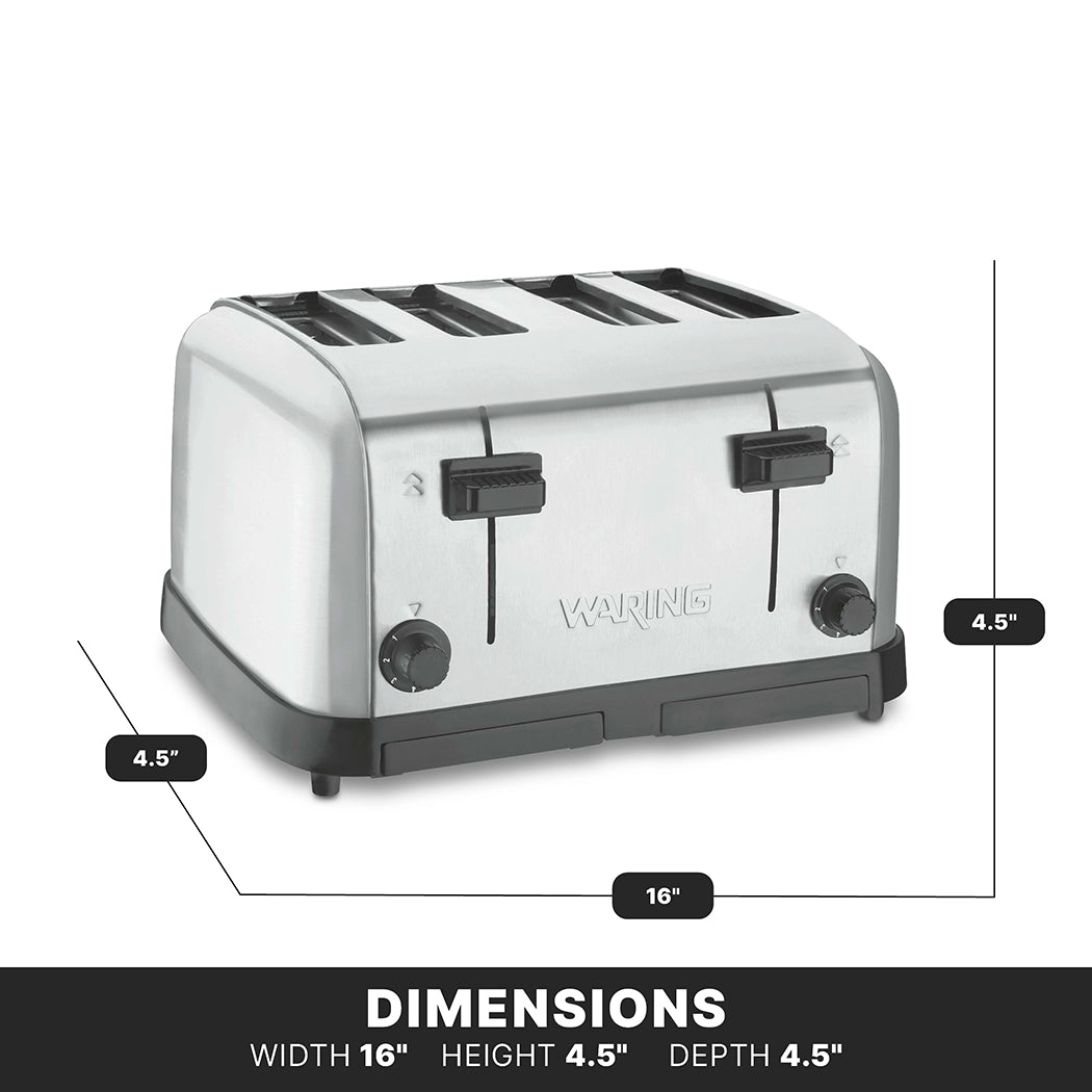 A silver four-slice toaster with extra wide slots and black controls sits at an angle. Labeled lines show its dimensions: width 16 inches, height 4.5 inches, depth 4.5 inches. The word “DIMENSIONS” appears in bold on a white background.