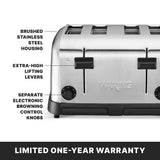 Close-up of a silver Waring commercial toaster’s front, showing labeled features: brushed stainless steel housing, extra-wide slots, extra-high lifting levers, and separate electronic browning control knobs. Text below reads LIMITED ONE-YEAR WARRANTY on a black background.