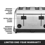A stainless steel 4 slice toaster features extra wide slots, brushed housing, extra-high lifting levers, and separate electronic browning control knobs. The image also states LIMITED ONE-YEAR WARRANTY at the bottom.