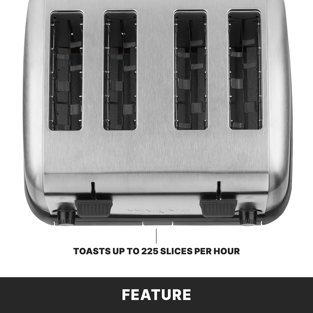A top-down view of a stainless steel 4 slice toaster with black controls. Text below the toaster reads, TOASTS UP TO 225 SLICES PER HOUR. Beneath this, a black bar displays the word FEATURE in bold white letters.
