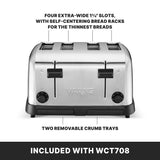 A stainless steel Waring 4 slice toaster with extra wide self-centering slots and two removable crumb trays. “INCLUDED WITH WCT708” noted at the bottom, making it a perfect commercial toaster for busy kitchens.