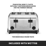 A stainless steel 4 slice toaster by Waring features extra wide slots, self-centering bread racks, and two removable crumb trays below. Text highlights these details, with “INCLUDED WITH WCT708” shown at the bottom.
