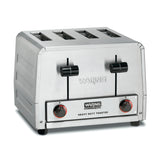 A stainless steel Waring Commercial Toaster with four slots, two black dials, and two levers on the front. This heavy-duty toaster features a robust, industrial design ideal for commercial kitchens.