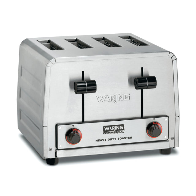 A stainless steel Waring Commercial Toaster with four slots, two black dials, and two levers on the front. This heavy-duty toaster features a robust, industrial design ideal for commercial kitchens.