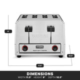 A heavy-duty Waring commercial toaster with four slots and two red control knobs. This 4 slice toaster measures 11.5 inches wide, 9 inches high, and 10.5 inches deep, with clearly labeled dimensions around the product.