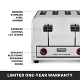 A close-up of a Waring Commercial Toaster highlights labeled features: brushed stainless steel housing, black carriage control lift levers, and separate electronic browning knobs. Text at the bottom reads, “Limited one-year warranty.”.
