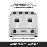 A heavy-duty Waring Commercial Toaster made of stainless steel, this 4 slice toaster features 1½" self-centering bread racks for thin breads, a dishwasher-safe crumb tray, and two control knobs. Text at the bottom reads, “INCLUDED WITH WCT800.”.