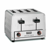 A stainless steel Waring Commercial heavy-duty toaster with four slots, two black lever handles, and two dial controls on the front panel. This 4 slice toaster sits on a white background and features a robust, industrial design.
