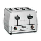 A stainless steel, 4 slice Commercial Toaster with two black control knobs, two lever handles, and the Waring Commercial logo on the front. This heavy-duty toaster boasts a robust, industrial design for demanding kitchen environments.