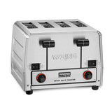 A heavy-duty, stainless steel Waring Commercial 4 slice toaster features two black levers, control knobs, and switches. Its robust design makes it ideal as a commercial bagel toaster, with signature Waring Commercial branding on the front panel.