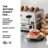 A heavy-duty commercial bagel toaster with bagels inside sits on a kitchen counter. Toasted bagels and a fresh sandwich are plated nearby. Text highlights 360 slices per hour—perfect for challenging buffets, special events, and busy kitchens.