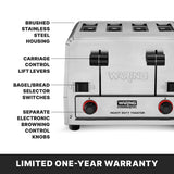 Front view of a Waring commercial bagel toaster with four slots. Features include brushed stainless steel housing, carriage control lift/levers, separate electronic browning control knobs, and bagel/bread selector switches. Limited one-year warranty.