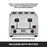 A silver Waring Commercial 4 slice toaster with four extra-wide slots and two control knobs is shown. Black bold text highlights its features: self-centering racks, dishwasher-safe crumb tray, and inclusion with model WCT850.