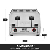 Front view of a stainless steel Waring Commercial 4 slice toaster with four slots and two red control knobs. Dimensions: width 11.875 inches, height 9 inches, depth 10.5 inches. Black feet are visible at the base.