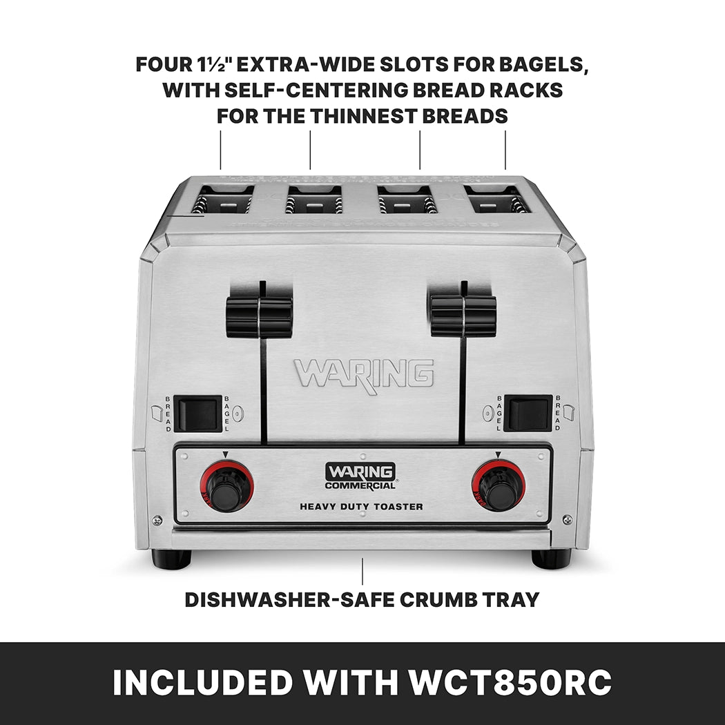 A stainless steel, heavy-duty bread toaster by Waring with four extra-wide slots, labeled features like self-centering bread racks and a dishwasher-safe crumb tray. The bottom reads, “INCLUDED WITH WCT850RC.” Two red control knobs are on the front.