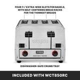 A stainless steel, heavy-duty bread toaster by Waring with four extra-wide slots, labeled features like self-centering bread racks and a dishwasher-safe crumb tray. The bottom reads, “INCLUDED WITH WCT850RC.” Two red control knobs are on the front.