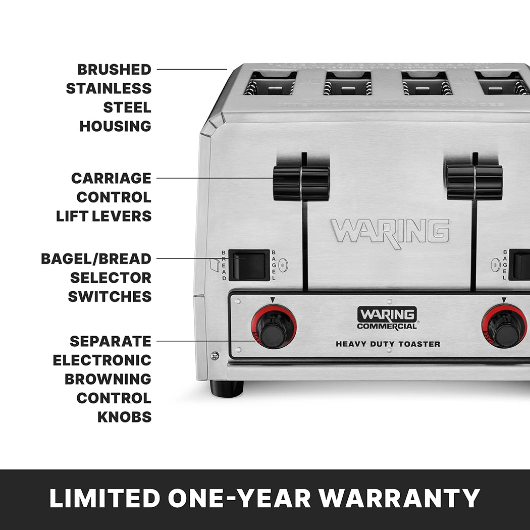 A silver, 4 slice commercial bagel toaster with labeled features: brushed stainless steel housing, carriage control lift/levers, bagel/bread selector switches, and separate electronic browning knobs. Text below highlights a limited one-year warranty.