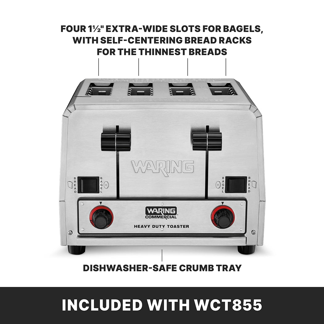 A stainless steel Waring heavy-duty bread toaster with four wide slots, two control knobs, and labeled features: extra-wide slots for bagels, self-centering racks, and a dishwasher-safe crumb tray. Included with WCT855.