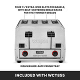 A stainless steel Waring heavy-duty bread toaster with four wide slots, two control knobs, and labeled features: extra-wide slots for bagels, self-centering racks, and a dishwasher-safe crumb tray. Included with WCT855.