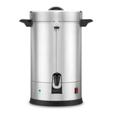 A large stainless steel Coffee Urn with black handles, a clear water level gauge, and a black spigot. It features a dual heater system and boil dry protection, plus power indicator lights on the black base, all set against a white background.