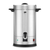 A large stainless steel Coffee Urn with black handles, a clear water level gauge, and a black spigot. It features a dual heater system and boil dry protection, plus power indicator lights on the black base, all set against a white background.