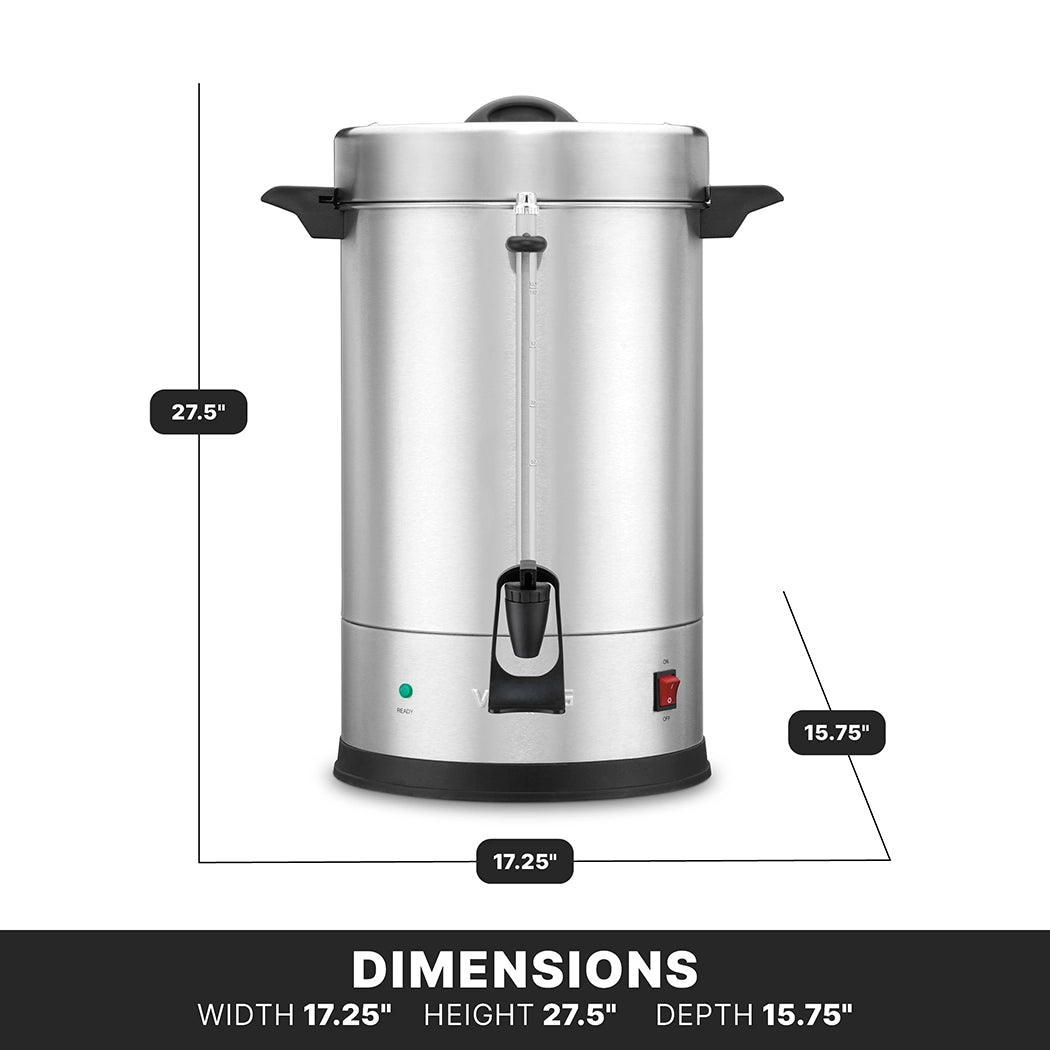 A large stainless steel Coffee Urn with a black base, handles, and spout is shown. Featuring a dual heater system and boil dry protection, it measures 27.5" tall, 17.25" wide, and 15.75" deep with an on/off switch and indicator light.