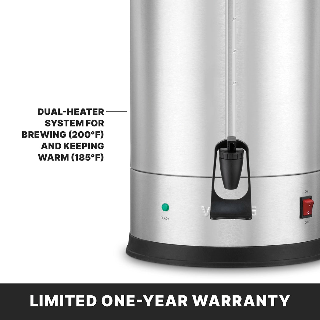 Close-up of a stainless steel Coffee Urn with a black spigot, water level gauge, and indicator lights. Features a dual heater system for brewing (200°F) and keeping warm (185°F) plus boil dry protection. Limited one-year warranty banner shown.