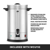A large brushed stainless steel Coffee Urn with black handles, a spigot, sight glass, and stainless steel internals. Features include a dual heater system, power indicators, sight gauge, and boil dry protection. Caption below reads: INCLUDED WITH WCU110.