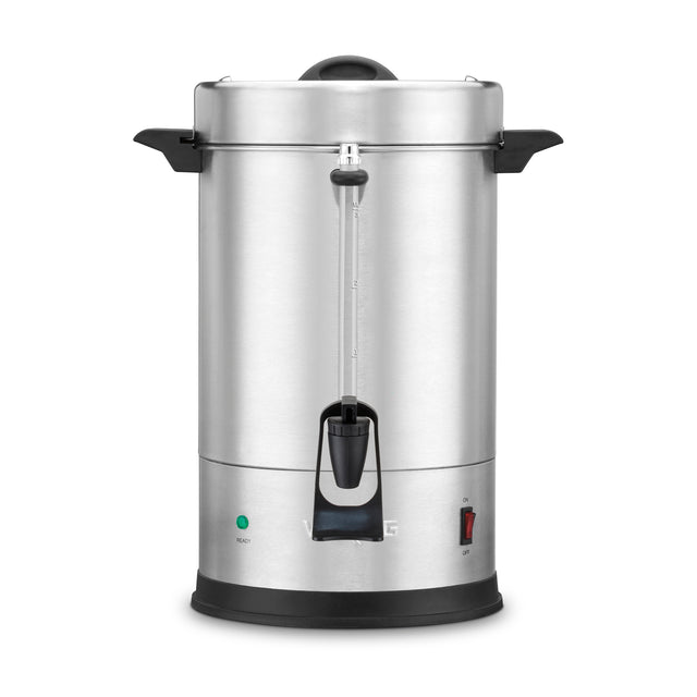 A large stainless steel Coffee Urn with a dual heater system, black handles, a clear water level gauge, front spout for dispensing, indicator lights with a red switch below. The urn features a rounded lid and sits on a black base.