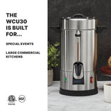 A large stainless steel Coffee Urn with 30 cup capacity sits on a countertop next to a potted plant. Text on the left reads: “The WCU30 is built for… Special events, large commercial kitchens.” Certification logos appear below the text.