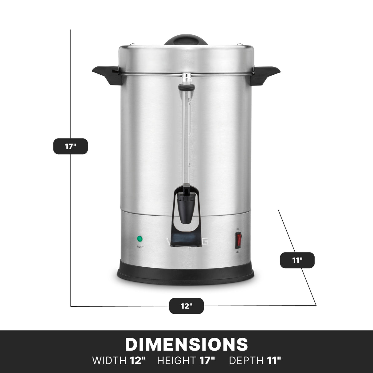 A large, silver Coffee Urn with black handles and spout is centered against a white background. With a 30 cup capacity and indicator lights, this urn features a dual heater system and sits above a “DIMENSIONS” label with its measurements.