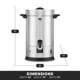 A large, silver Coffee Urn with black handles and spout is centered against a white background. With a 30 cup capacity and indicator lights, this urn features a dual heater system and sits above a “DIMENSIONS” label with its measurements.