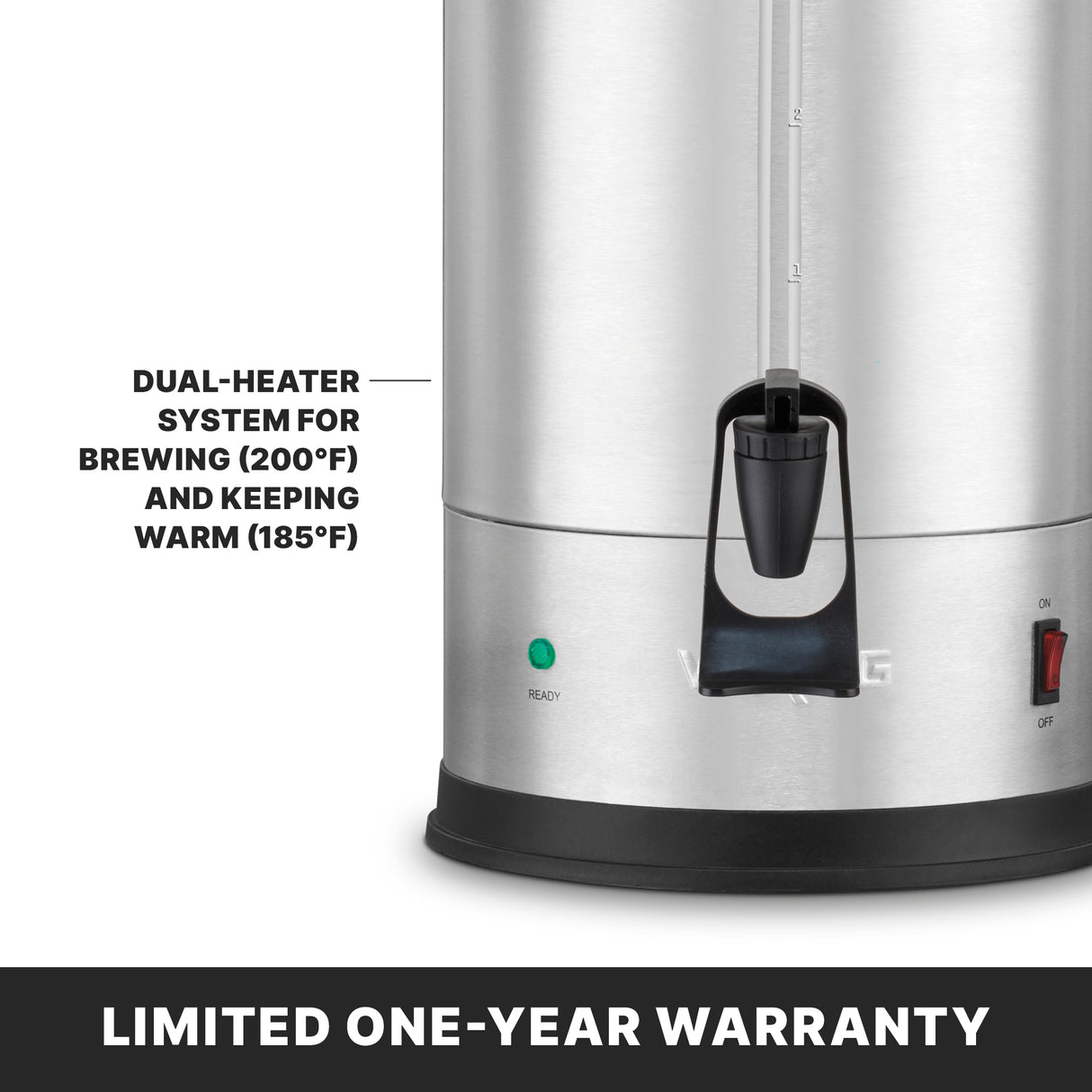 A close-up of a 30 cup capacity stainless steel Coffee Urn shows its spigot, indicator lights, and on/off switch. Text highlights a dual heater system for brewing at 200°F and keeping warm at 185°F. Banner below reads LIMITED ONE-YEAR WARRANTY.