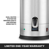 A close-up of a 30 cup capacity stainless steel Coffee Urn shows its spigot, indicator lights, and on/off switch. Text highlights a dual heater system for brewing at 200°F and keeping warm at 185°F. Banner below reads LIMITED ONE-YEAR WARRANTY.